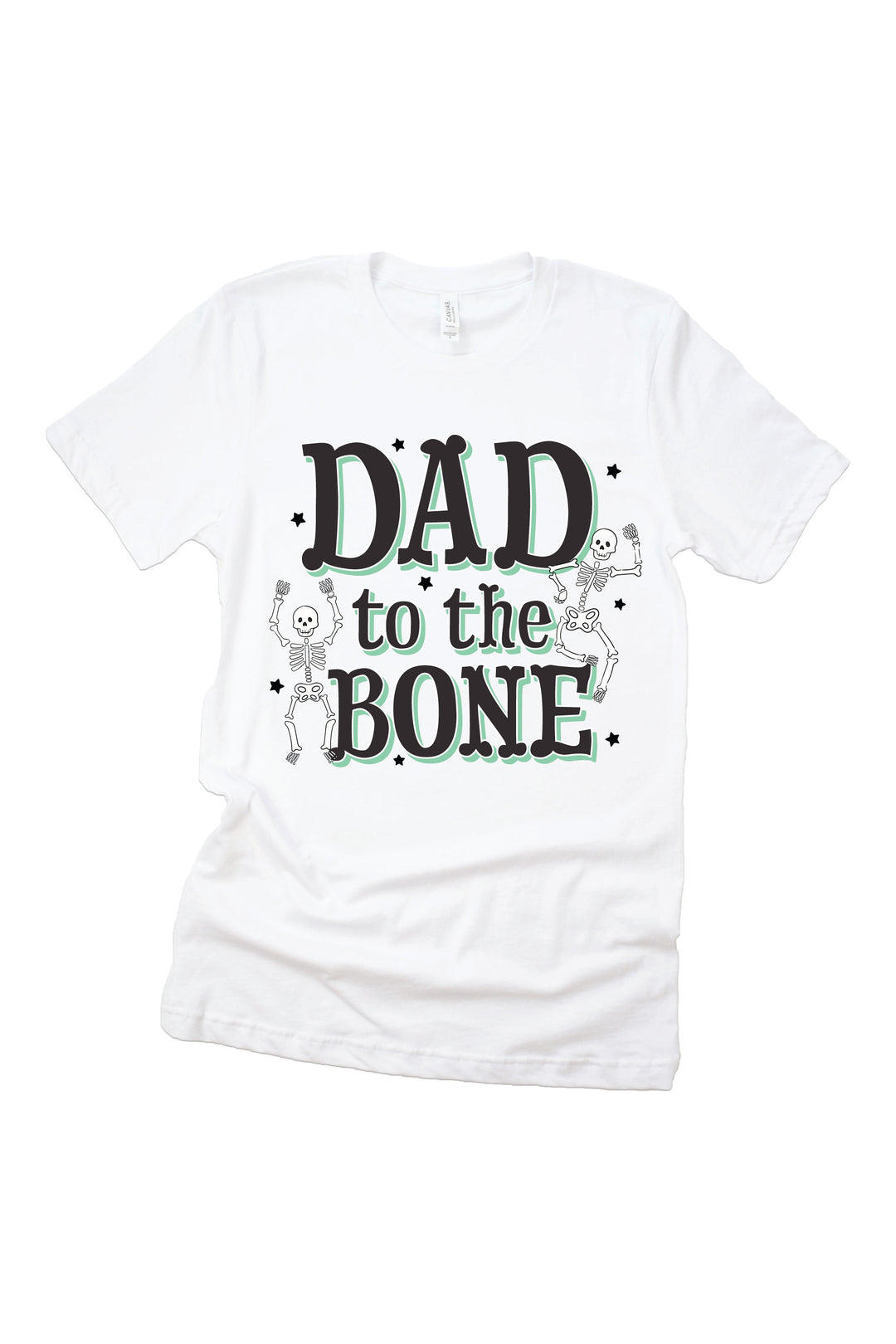 White t-shirt with 'Dad to the Bone' text and skeleton design on a white background