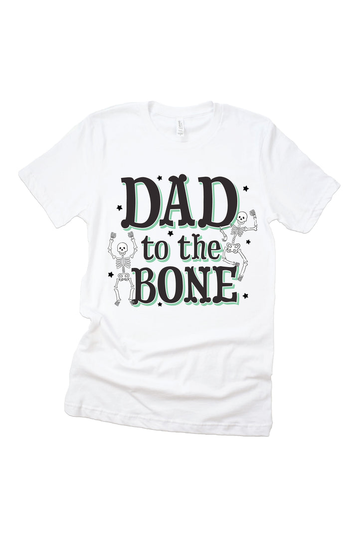 White t-shirt with 'Dad to the Bone' text and skeleton design on a white background