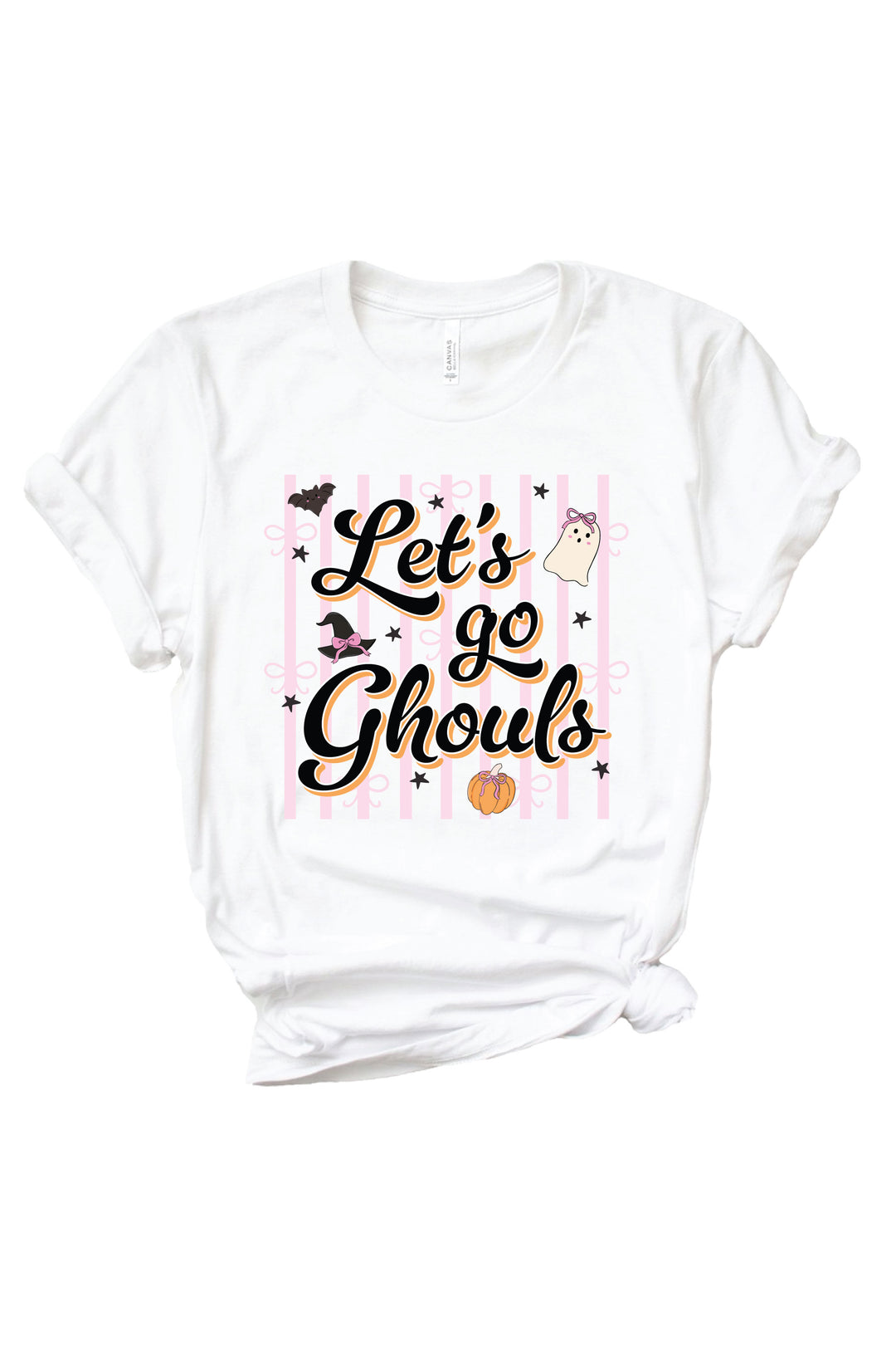 White Caden Lane t-shirt with 'Let's go Ghouls' script text over a pink striped background, decorated with a cute bat, ghost, and pumpkin with bows.