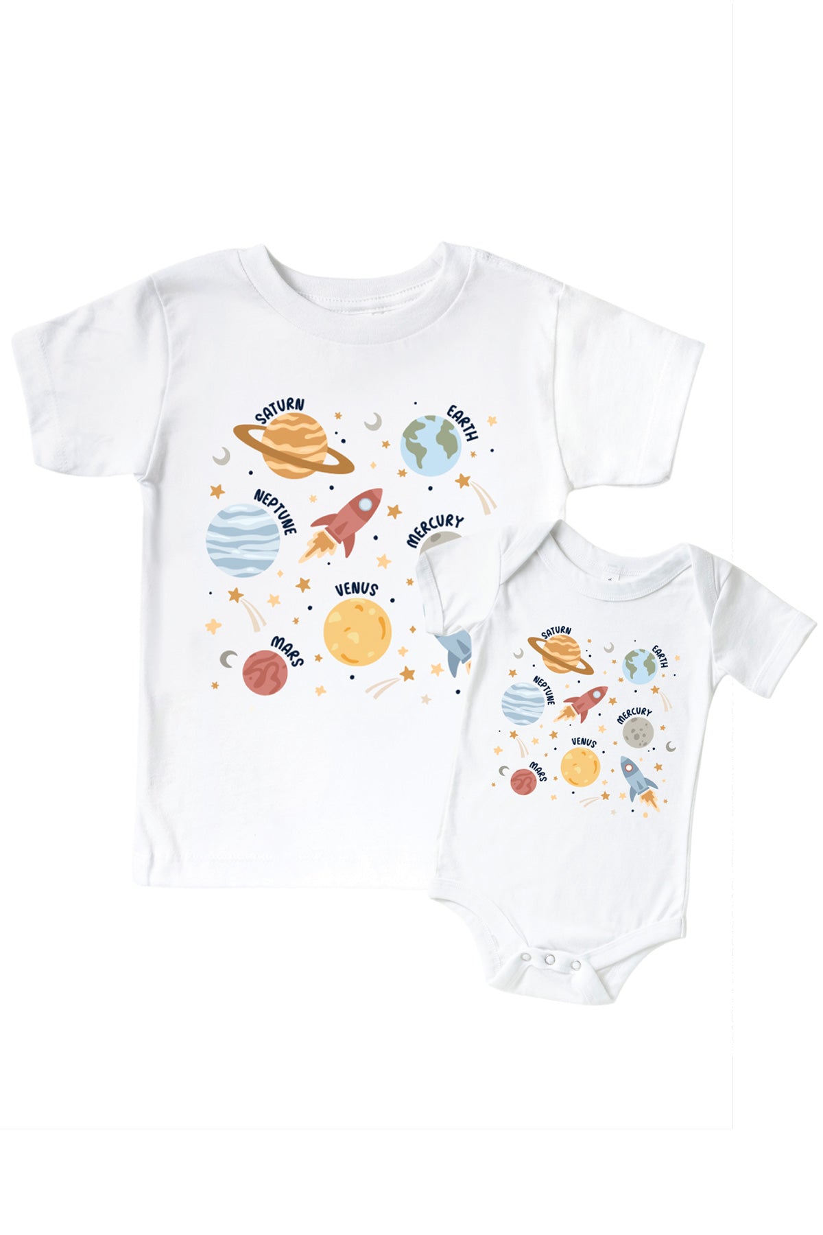 'Stellar Snuggles Planets' Graphic Bodysuit or Kids' Tee | White