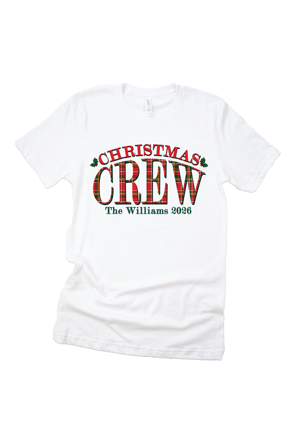 Caden Lane personalized "Christmas Crew" graphic tee featuring a custom family name and year in festive plaid lettering, perfect for matching family Christmas pajamas, holiday photos, and personalized Christmas outfits.