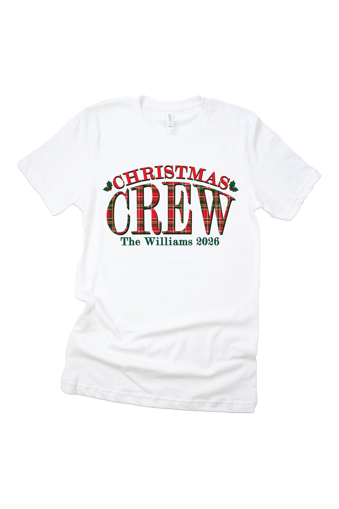 Caden Lane personalized "Christmas Crew" graphic tee featuring a custom family name and year in festive plaid lettering, perfect for matching family Christmas pajamas, holiday photos, and personalized Christmas outfits.