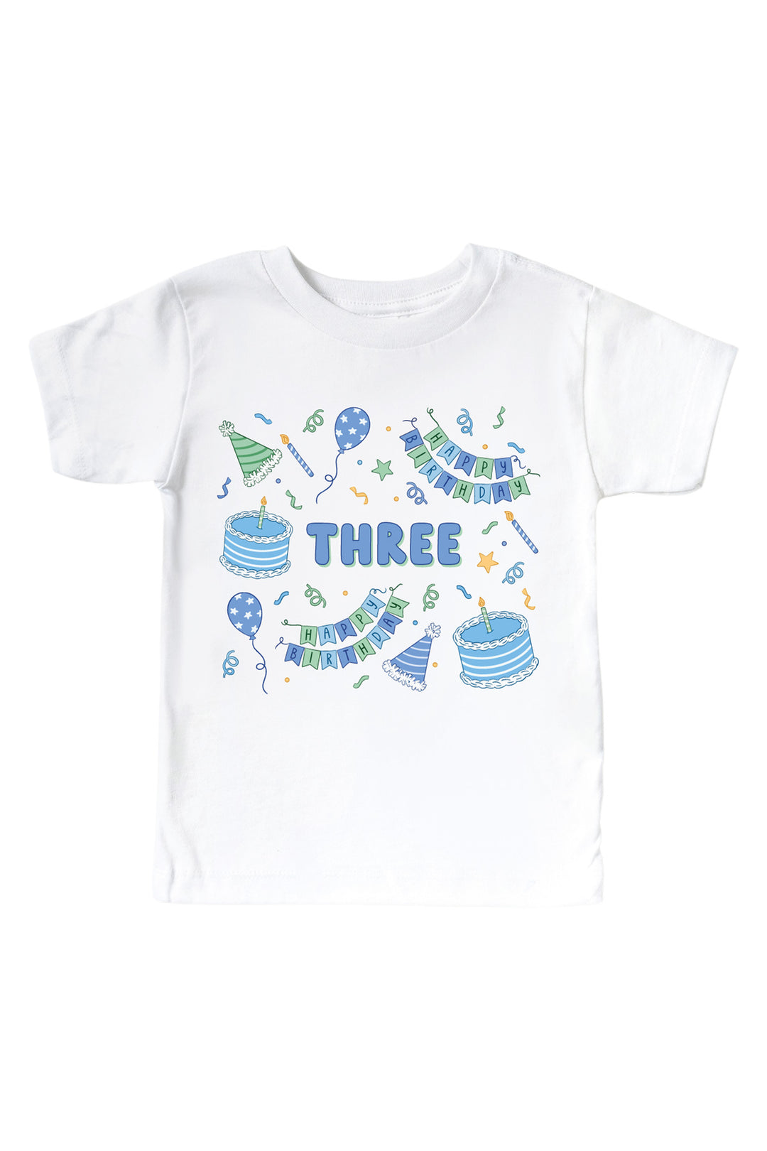 Caden Lane Birthday Bash white kids' t-shirt with "THREE" printed in blue bubble letters, surrounded by cake and party hat print in blue and green.