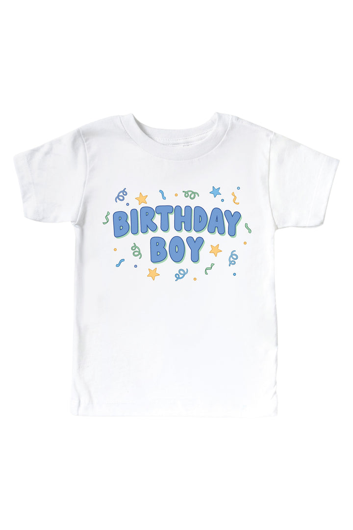 Caden Lane Birthday Bash white kids' t-shirt with "Birthday Boy" printed in blue bubble letters and confetti accents.
