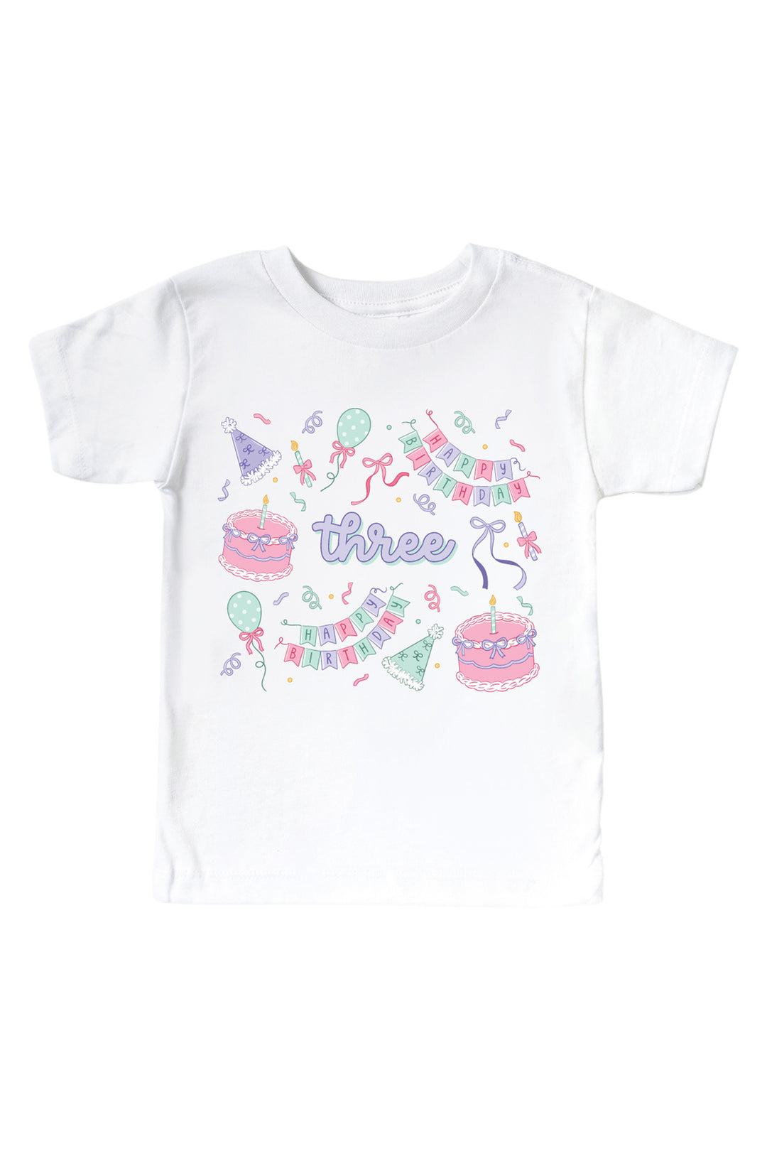 Caden Lane Birthday Bash white kids' t-shirt with "three" in purple script, surrounded by cake and party hat print in pink and mint.