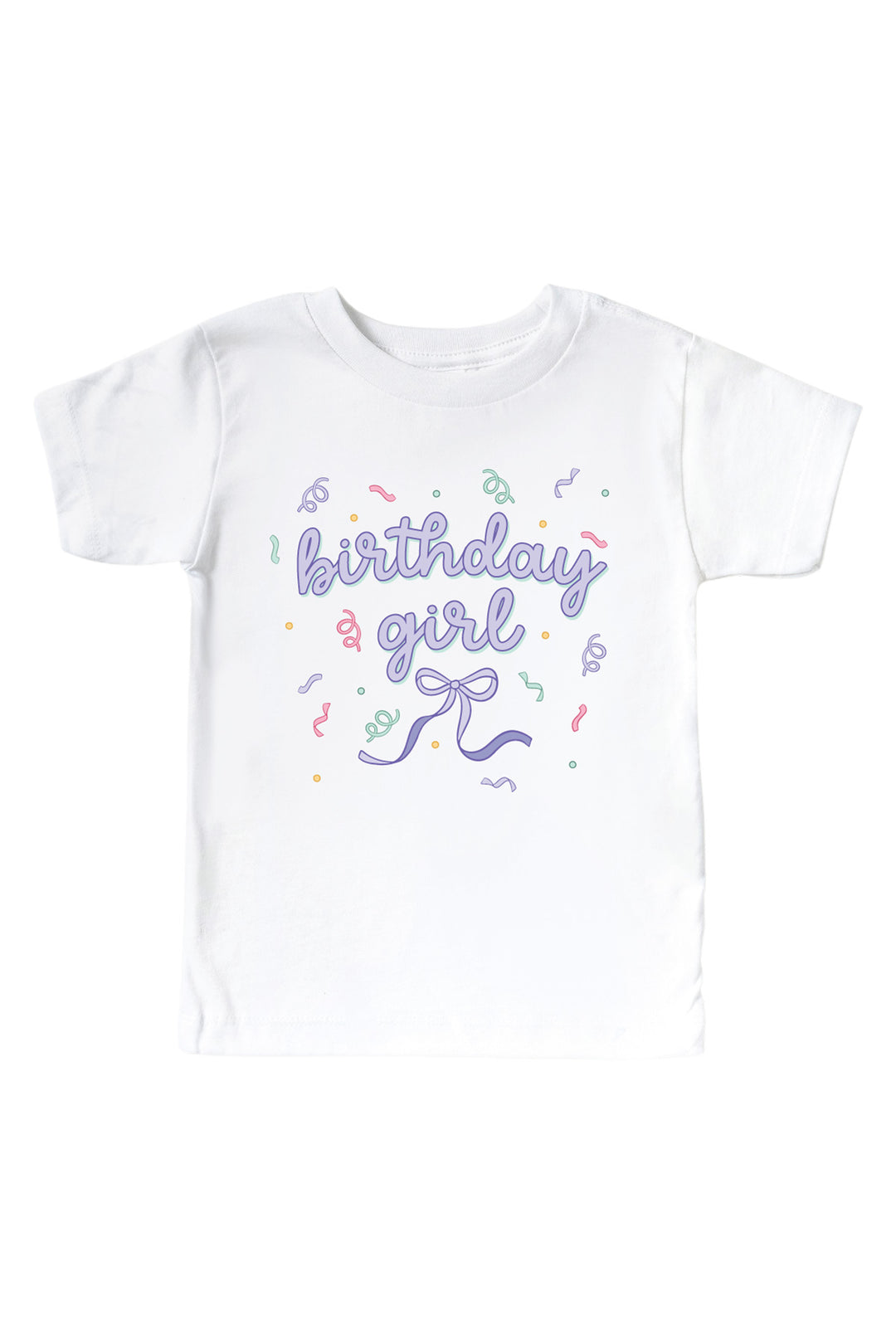 Caden Lane Birthday Bash white kids' t-shirt with "birthday girl" in purple script, a bow, and confetti accents.