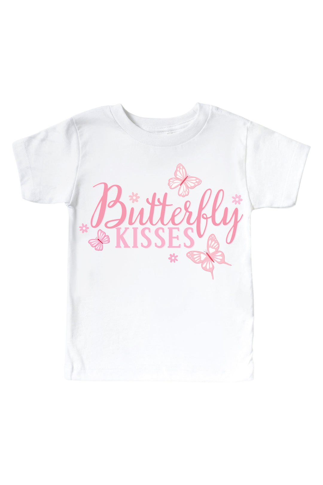 Butterfly Kisses Graphic Kids Tee in Blooming Butterflies print - white tee displayed with pink "Butterfly Kisses" script and butterfly graphics