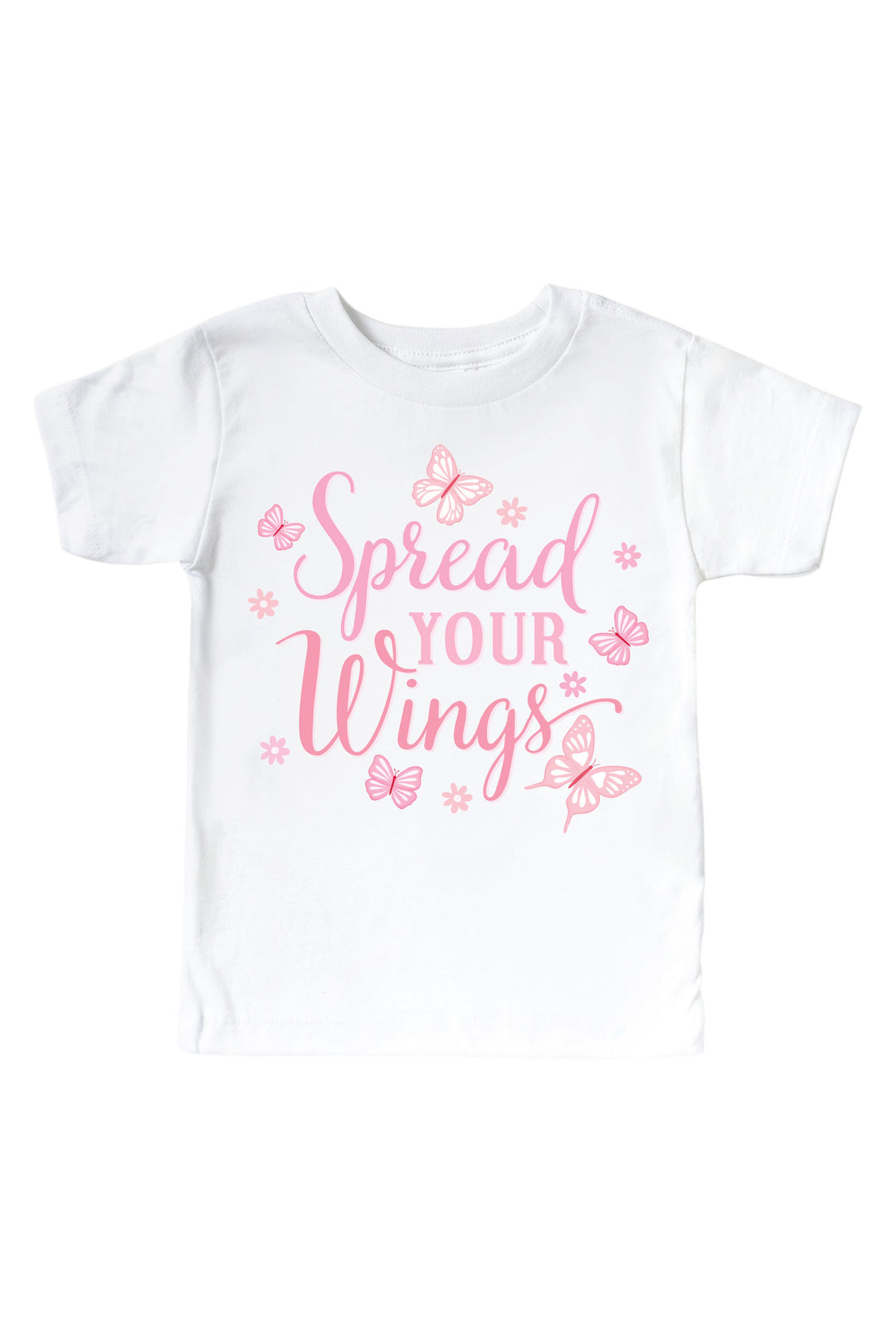 Spread Your Wings Graphic Kids Tee in Blooming Butterflies print - white short-sleeve youth t-shirt with pink "Spread Your Wings" script surrounded by scattered butterflies and floral elements