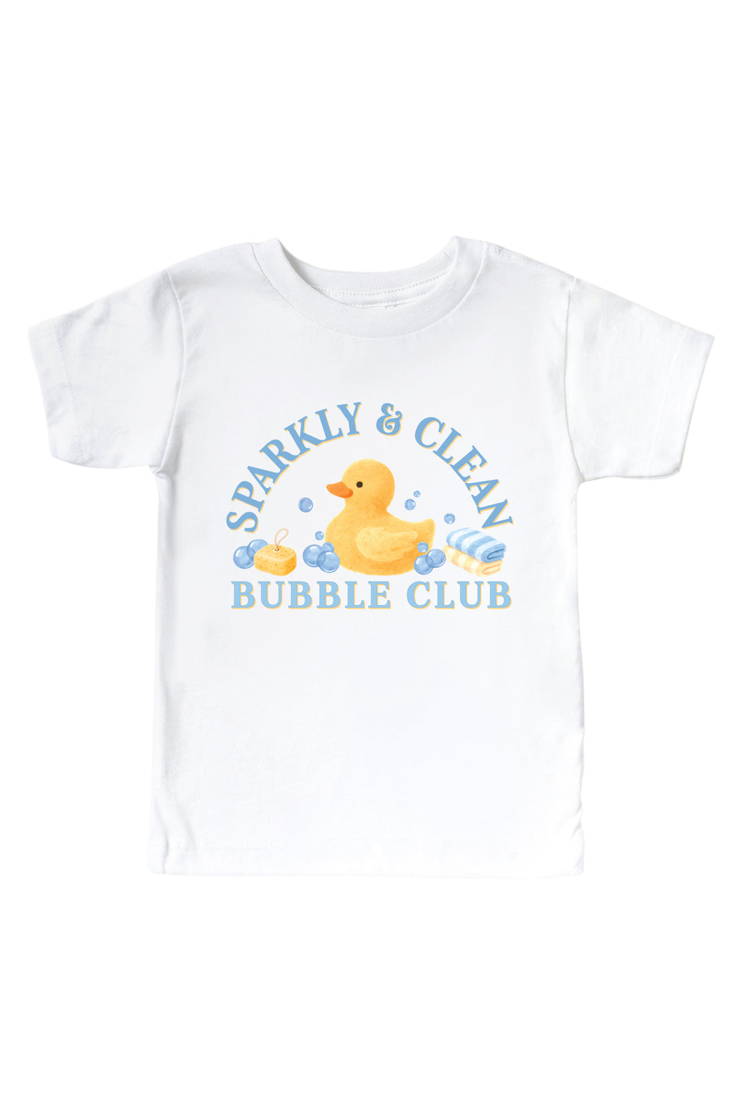 White kids t-shirt with blue Sparkly and Clean Bubble Club graphic featuring yellow rubber duck with bubbles on front