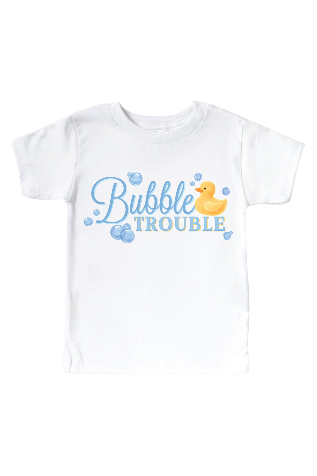 White kids t-shirt with blue Bubble Trouble cursive text graphic and yellow rubber duck with bubbles on front