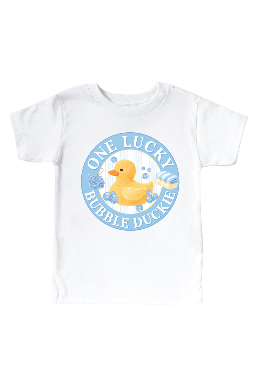 White kids t-shirt with blue circle One Lucky Bubble Duckie graphic featuring yellow rubber duck with bubbles on front