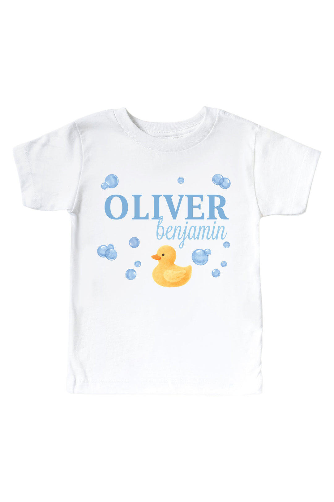 White kids t-shirt with personalized blue bubble duckie graphic design featuring yellow rubber duck, blue bubbles, and custom name on front