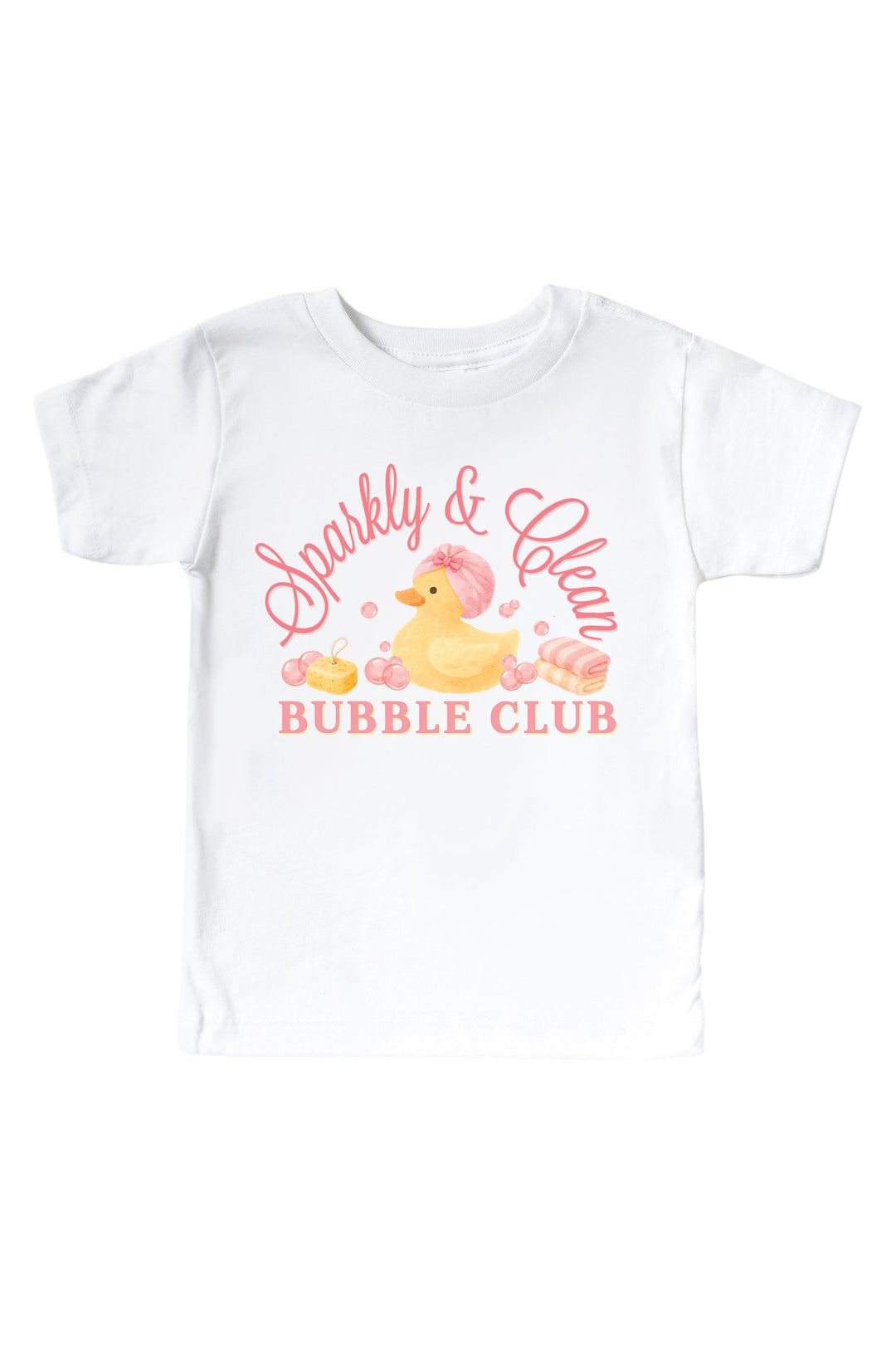 White kids t-shirt with pink Sparkly and Clean Bubble Club graphic featuring yellow rubber duck with pink bubbles on front