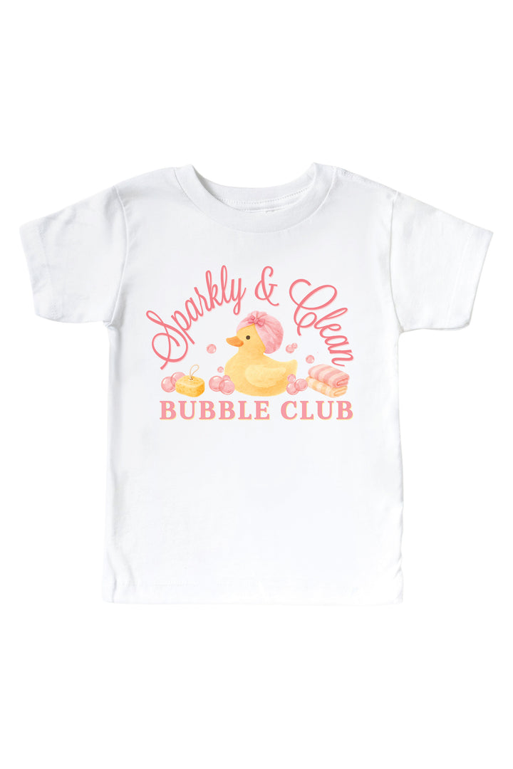 White kids t-shirt with pink Sparkly and Clean Bubble Club graphic featuring yellow rubber duck with pink bubbles on front