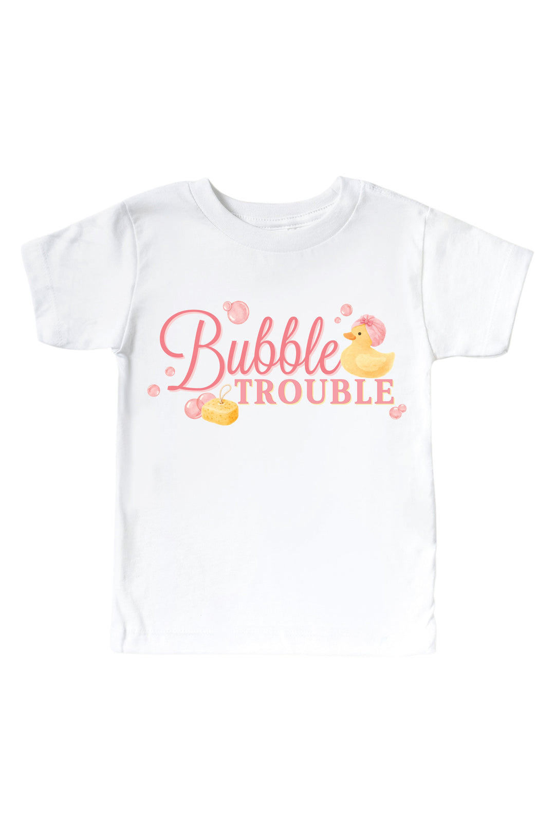 White kids t-shirt with pink Bubble Trouble cursive text graphic and yellow rubber duck with pink bubbles on front