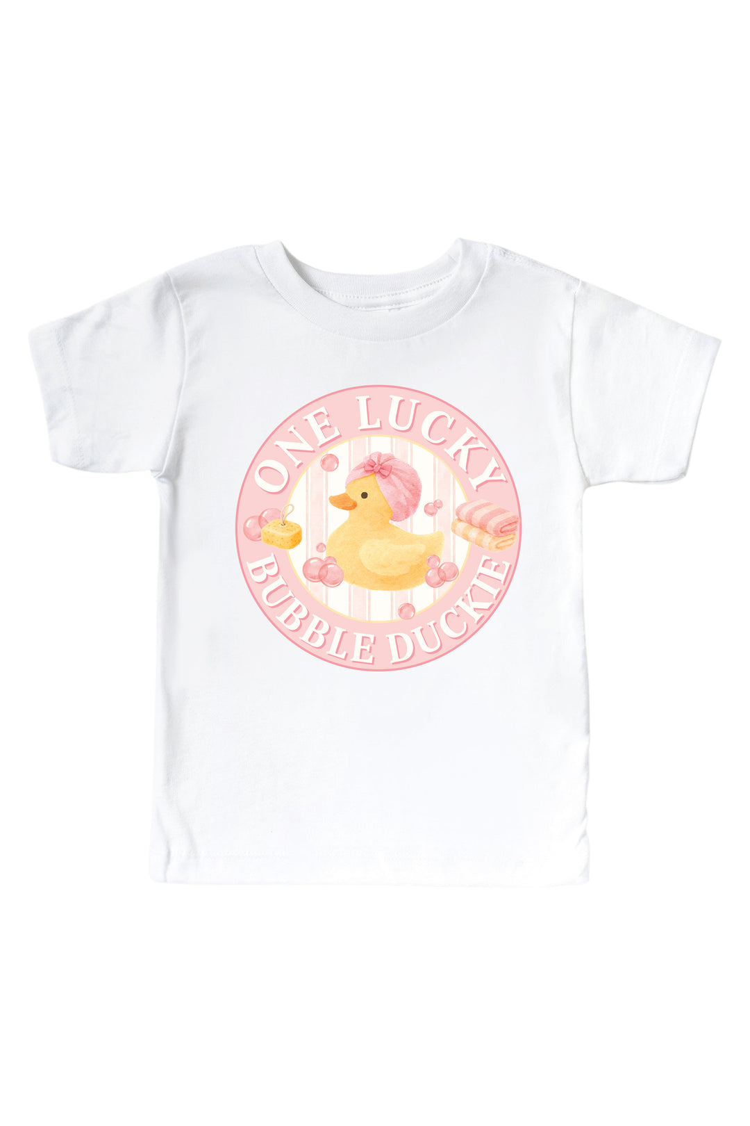 White kids t-shirt with pink circle One Lucky Bubble Duckie graphic featuring yellow rubber duck with pink bow and bubbles on front