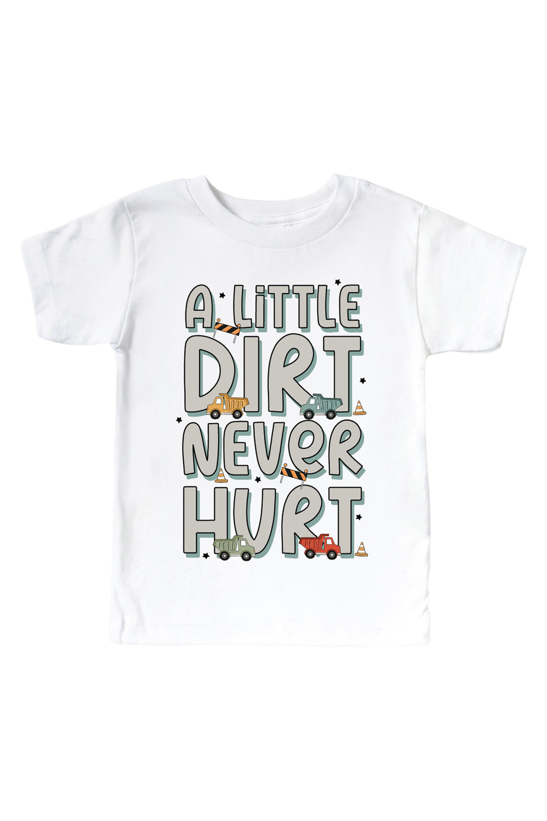 Flat lay of a Caden Lane white short-sleeve tee in a Busy Builder print featuring dump trucks, traffic cones, and road barricades, reading "A little dirt never hurt"