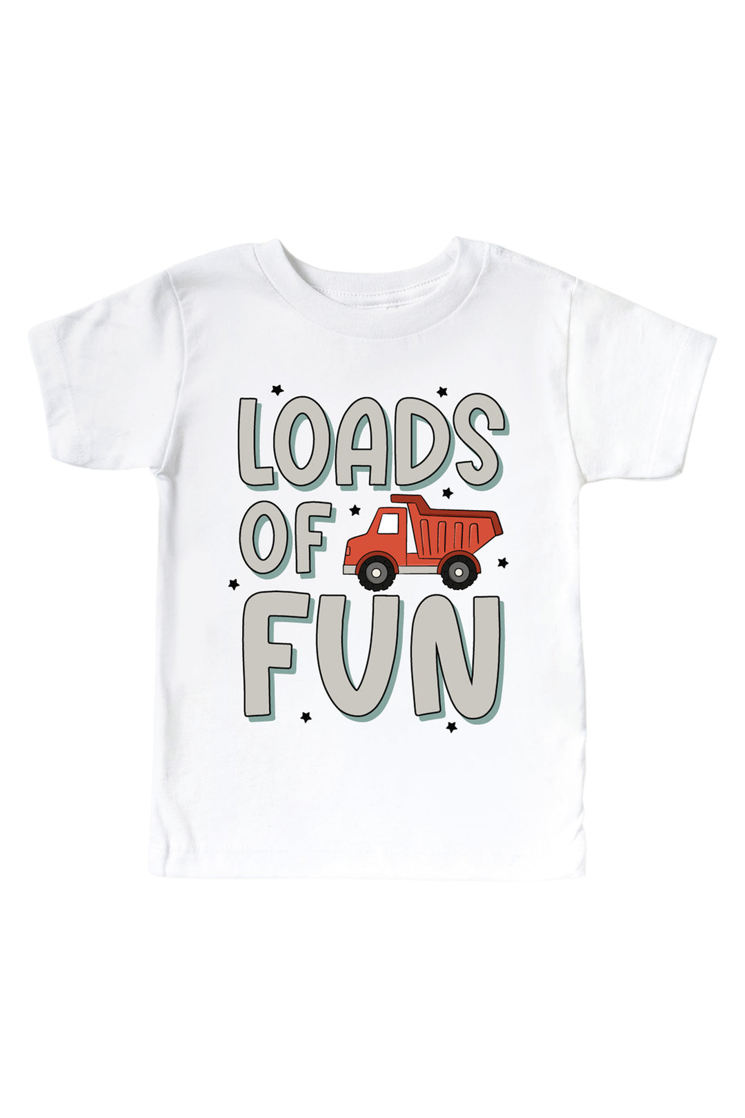 Flat lay of a Caden Lane white short-sleeve tee in a Busy Builder print featuring a red dump truck and tiny stars, reading "Loads of fun" in bold gray letters.