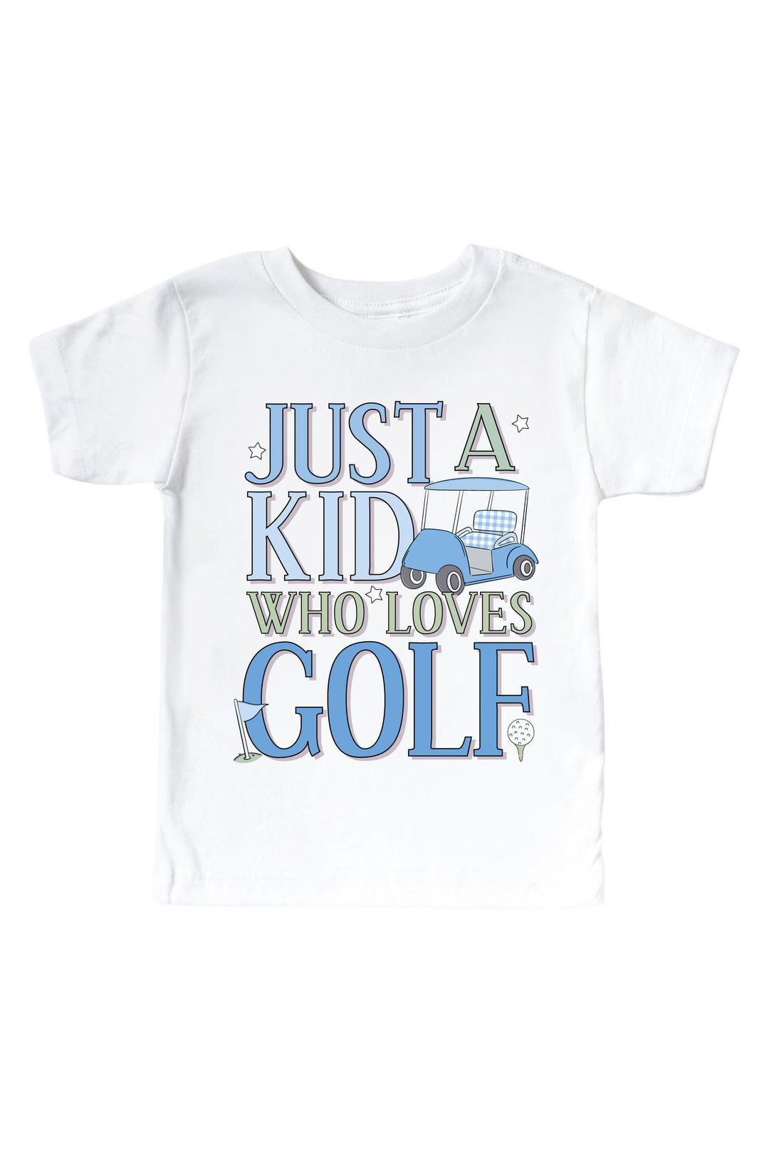 blue just a kid with golf love golf graphic kids tee in white, caddie crew, flat lay