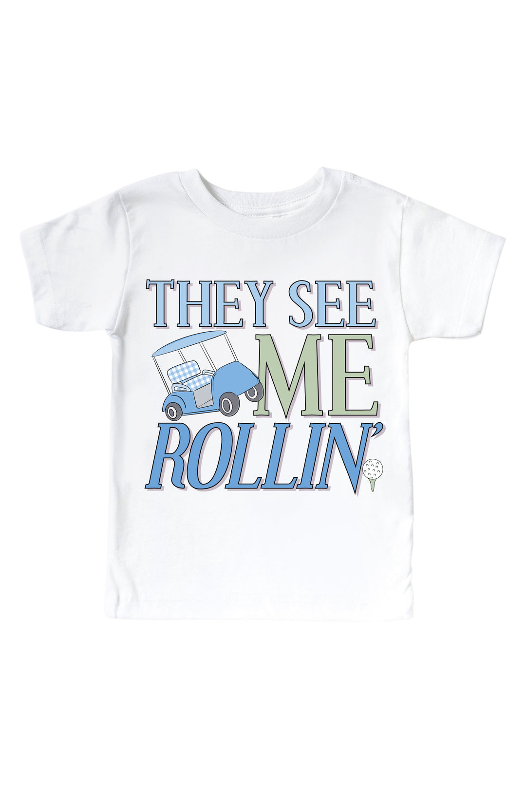blue they see me rollin' golf graphic kids tee in white, caddie crew, flat lay