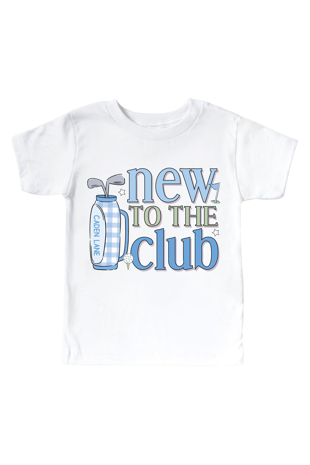 blue new to the club golf graphic kids tee in white, caddie crew, flat lay