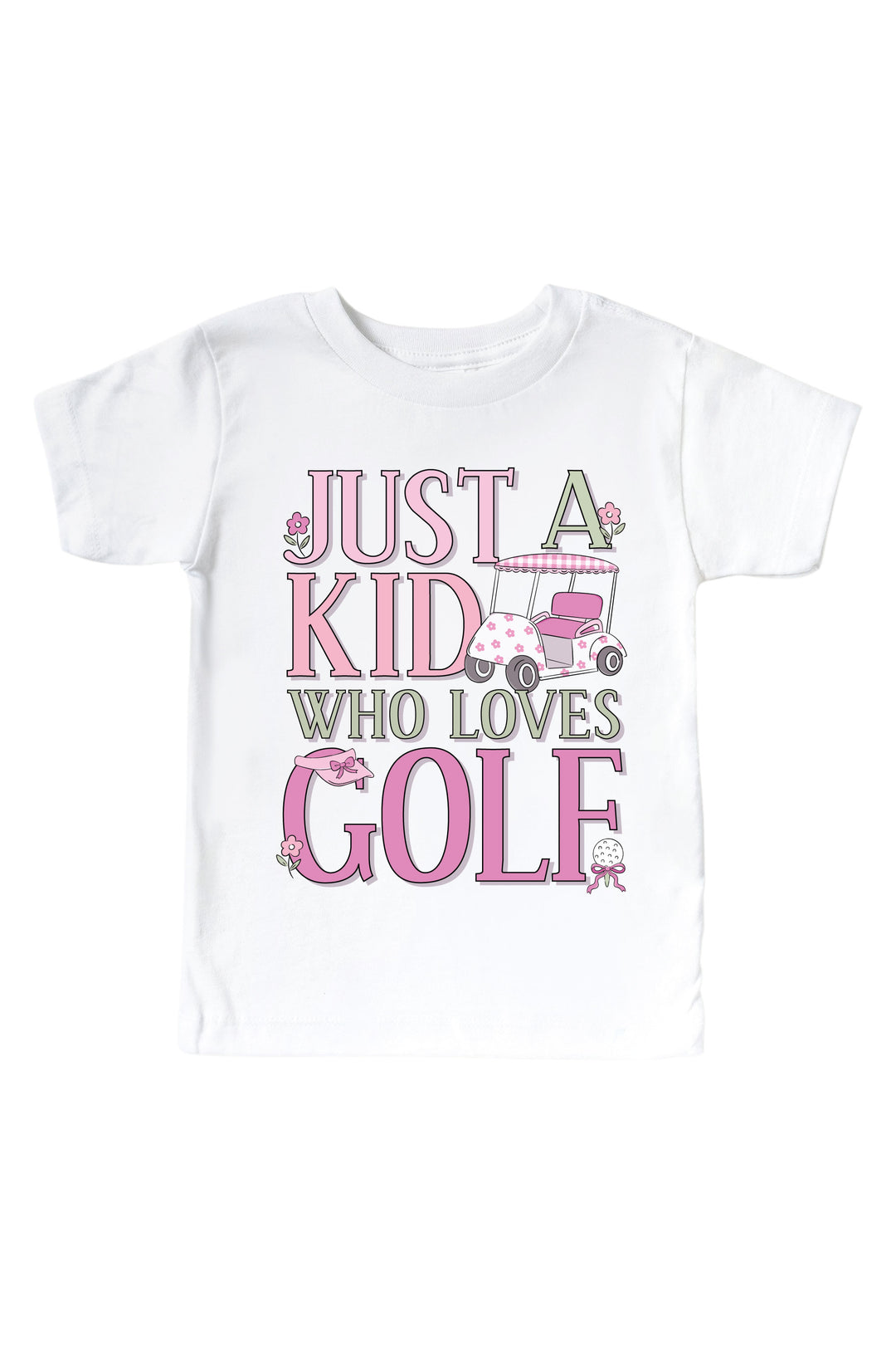 pink just a kid with golf love golf graphic kids tee in white, caddie crew, flat lay