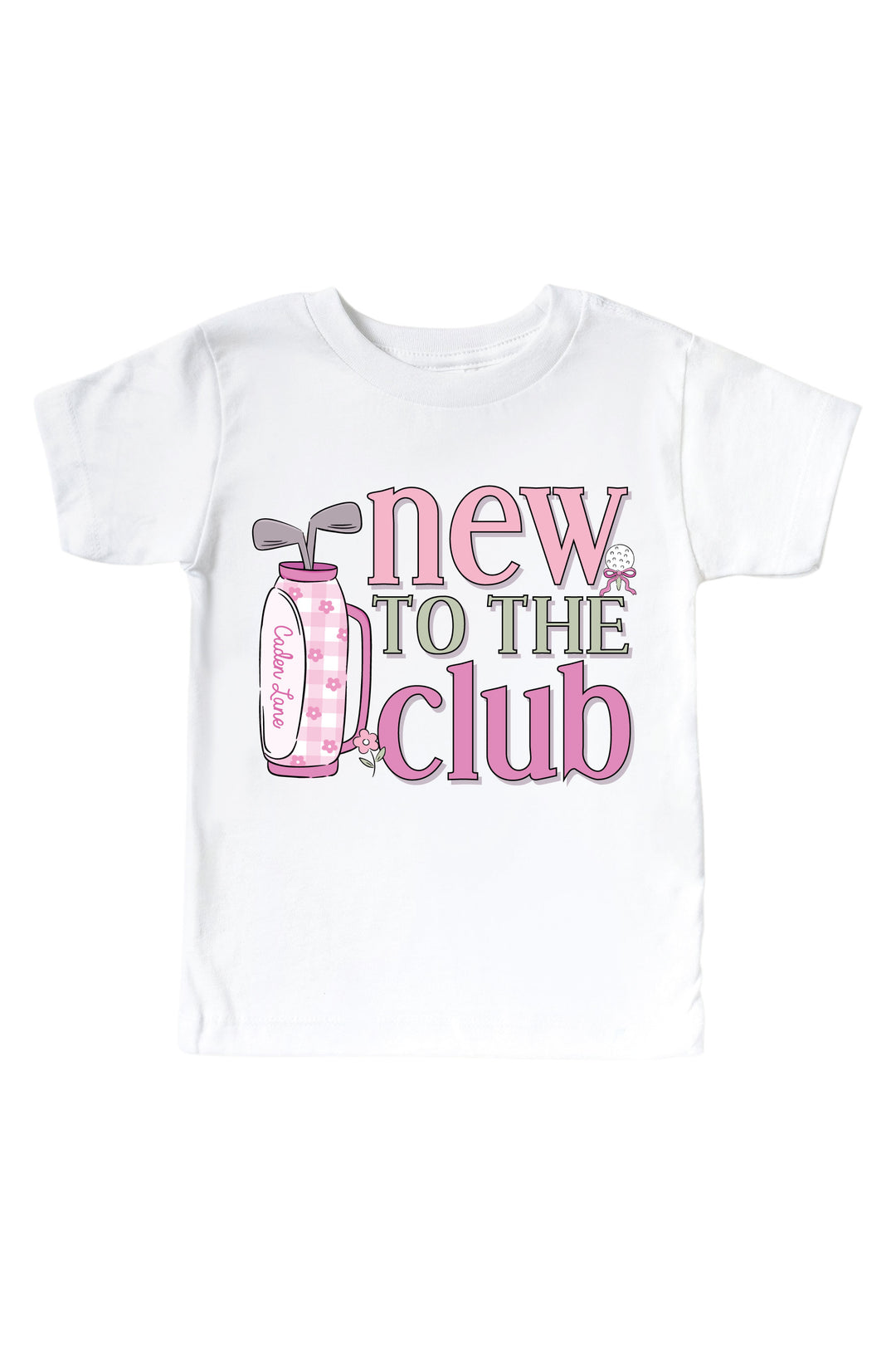 pink new to the club golf graphic kids tee in white, caddie crew, flat lay