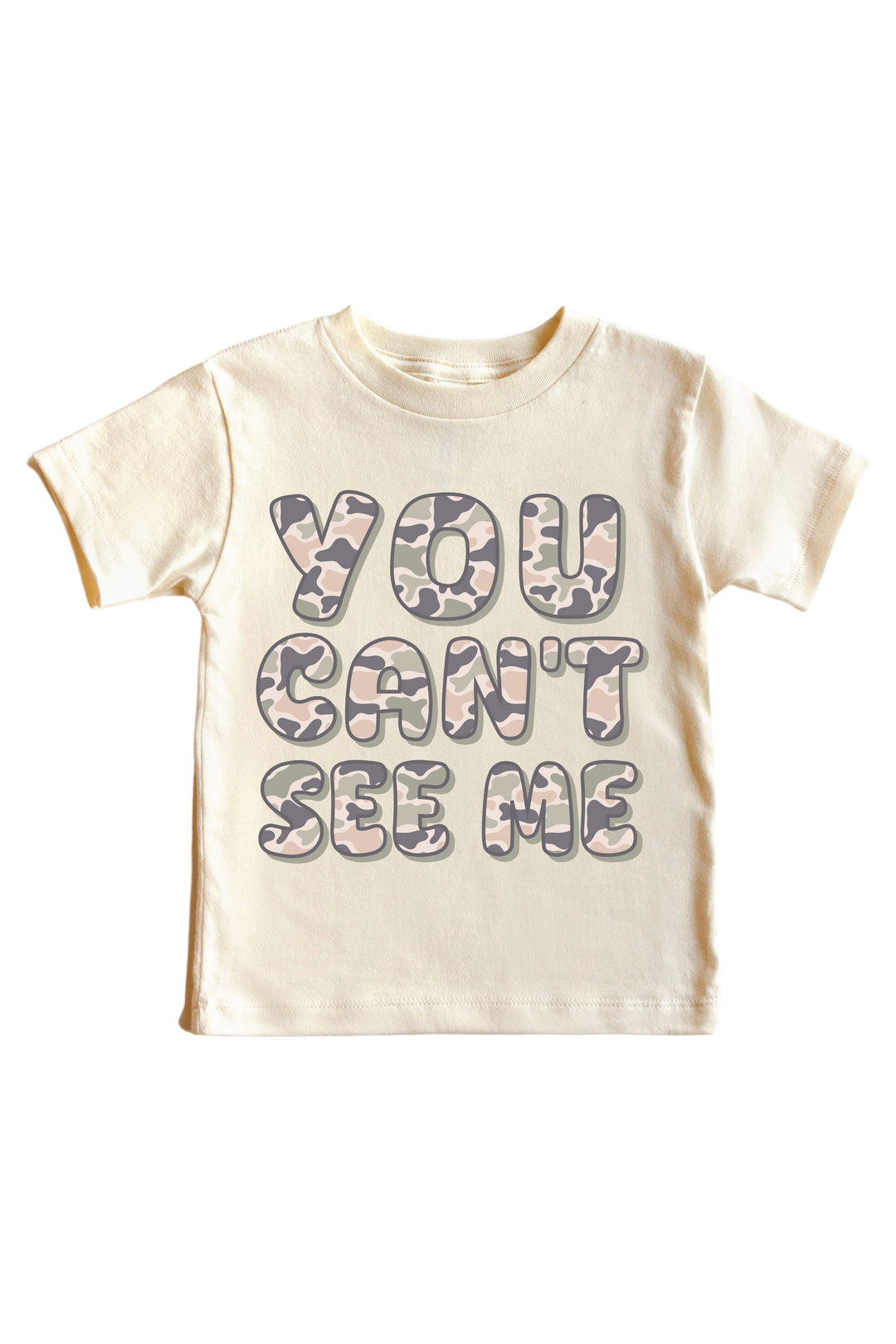 Natural cream kids graphic t-shirt with "You Can't See Me" camo print block lettering on chest