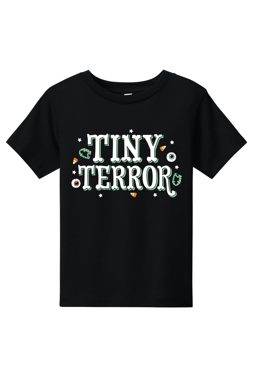 Black t-shirt with 'Tiny Terror' text on a white background