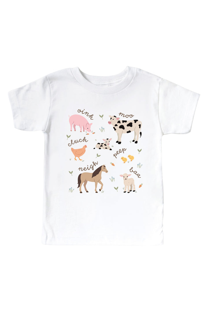 Caden Lane kids' t-shirt with farm animal sounds design featuring pig, cow, chicken, horse, and lamb illustrations