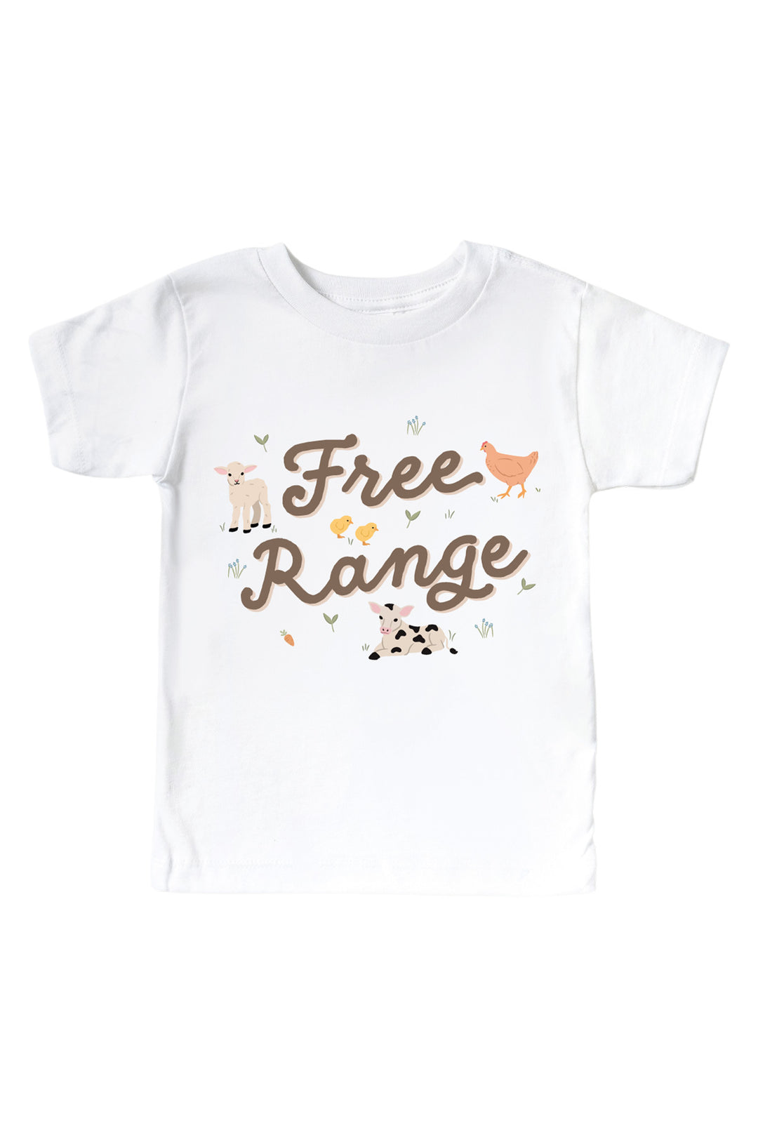 Caden Lane kids' t-shirt with 'Free Range' farm graphic featuring lamb, chicks, chicken, and calf