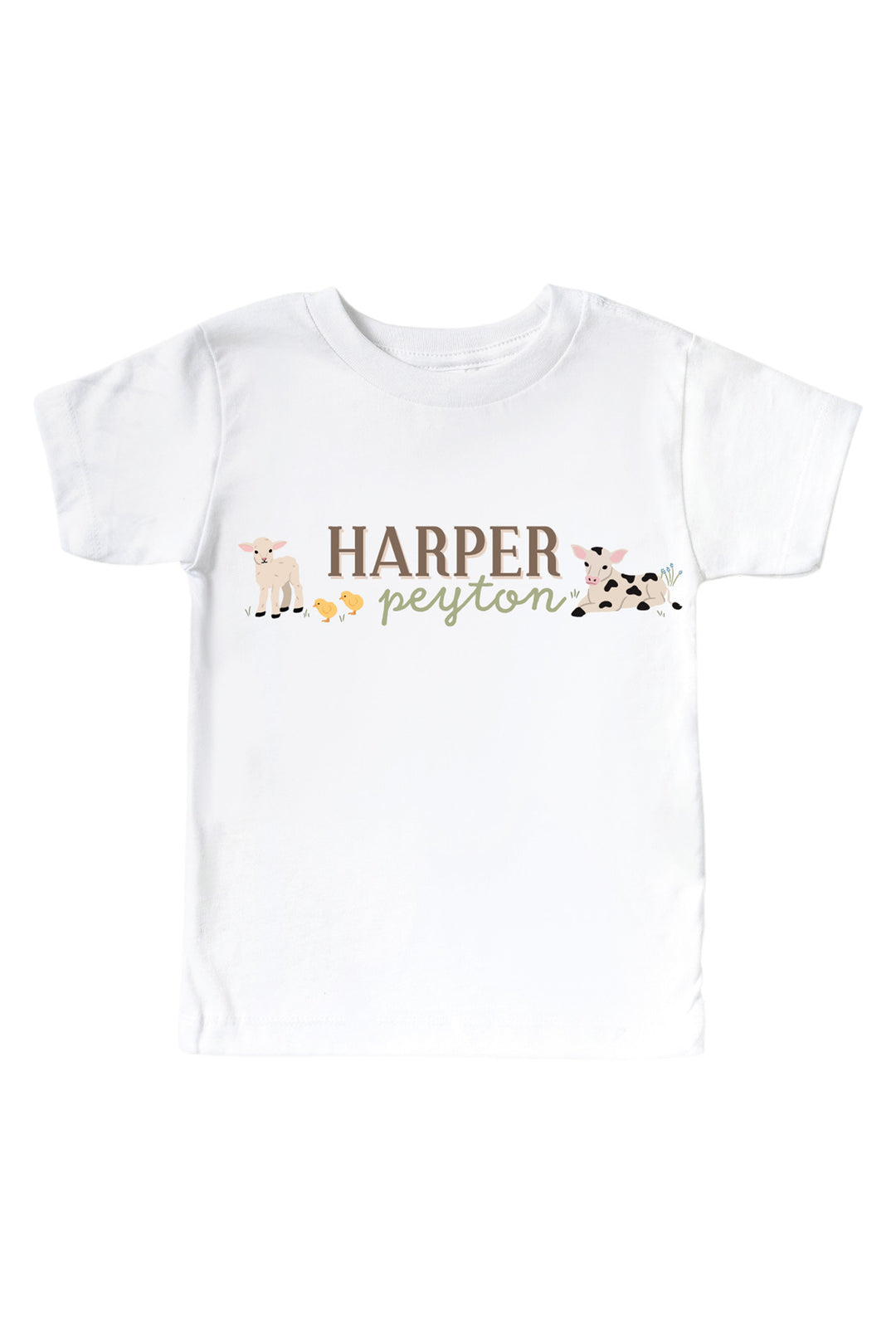 Caden Lane personalized kids' t-shirt with custom name 'Harper Peyton' and farm animal design