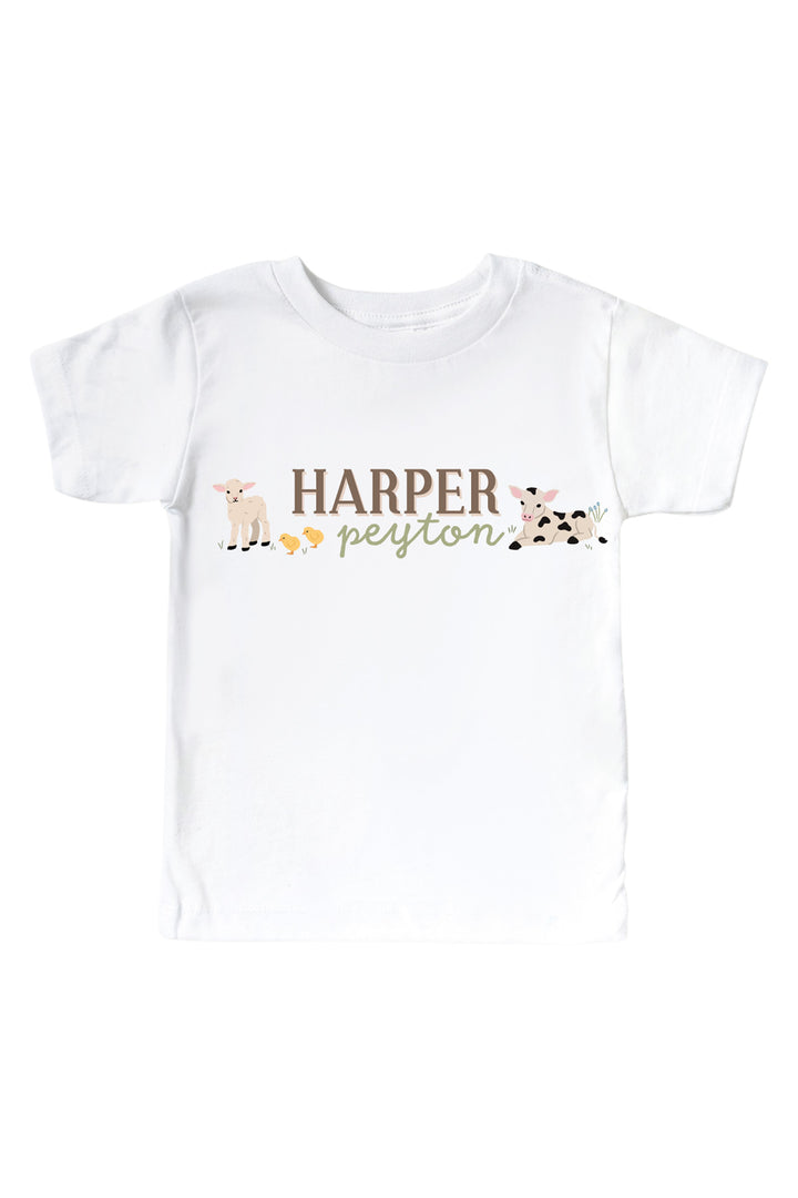 Caden Lane personalized kids' t-shirt with custom name 'Harper Peyton' and farm animal design