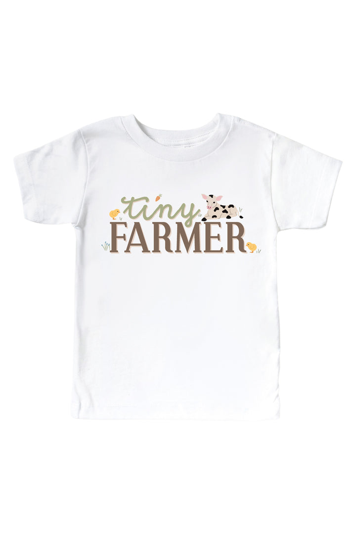 Caden Lane kids' t-shirt with 'Tiny Farmer' graphic featuring calf and chicks