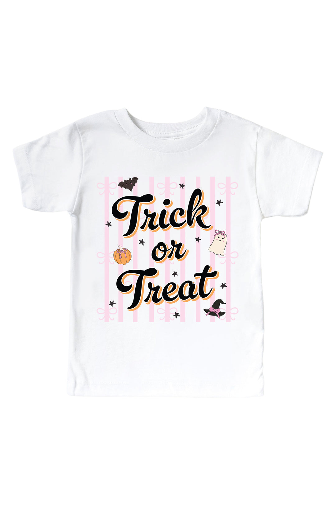 White kids' t-shirt printed with 'Trick or Treat' text on pink stripes, decorated with a pumpkin, bat, and ghost.