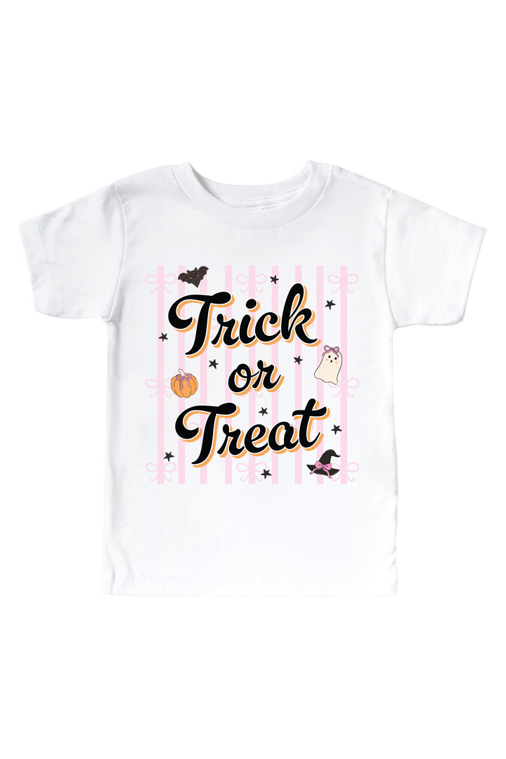 White kids' t-shirt printed with 'Trick or Treat' text on pink stripes, decorated with a pumpkin, bat, and ghost.
