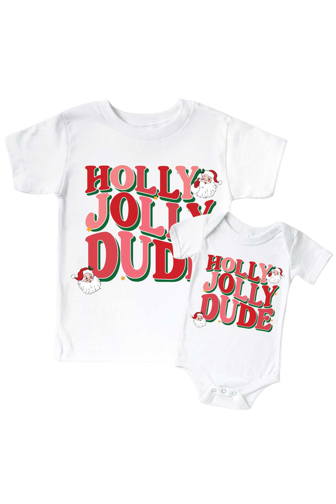 Caden Lane Holly Jolly Dude Christmas graphic tee and baby bodysuit set featuring festive plaid lettering, perfect for matching family Christmas pajamas, sibling outfits, and holiday celebrations. 