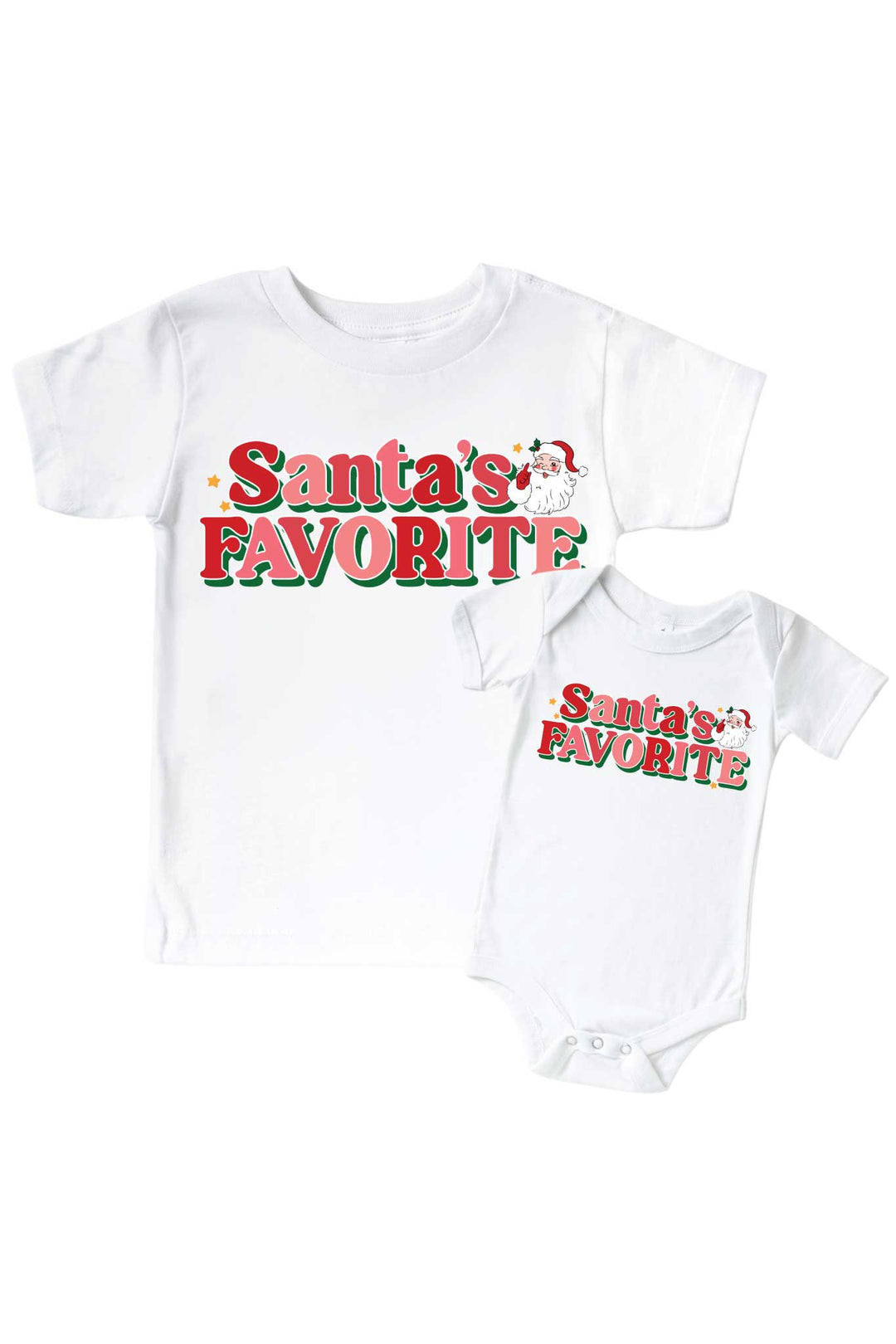 Caden Lane Santa's Favorite Christmas graphic tee and baby bodysuit featuring a festive holiday design, perfect for matching family Christmas outfits and holiday photos.