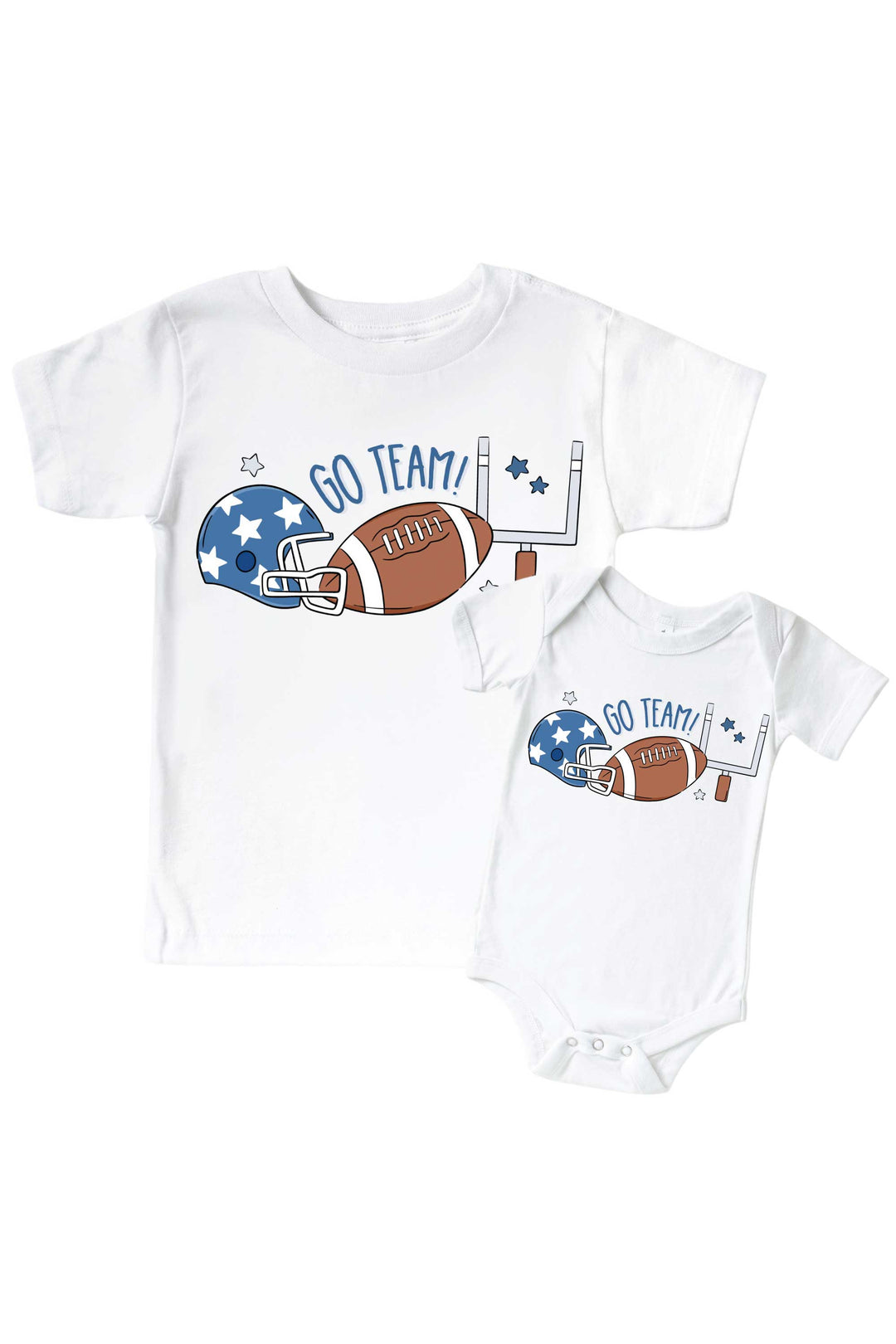 Caden Lane matching toddler-and-baby t-shirt set in white, featuring a "Go Team!" football graphic with a blue star helmet, football, and goal post design