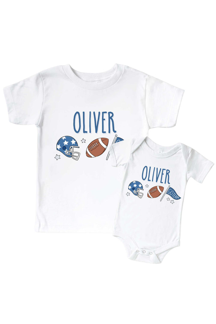 Caden Lane Personalized Graphic Bodysuit & Kids' Tee, Blue — matching toddler-and-baby t-shirt set in white with custom name "Oliver" and a football graphic featuring a star helmet, football, and "Go Team" flag.