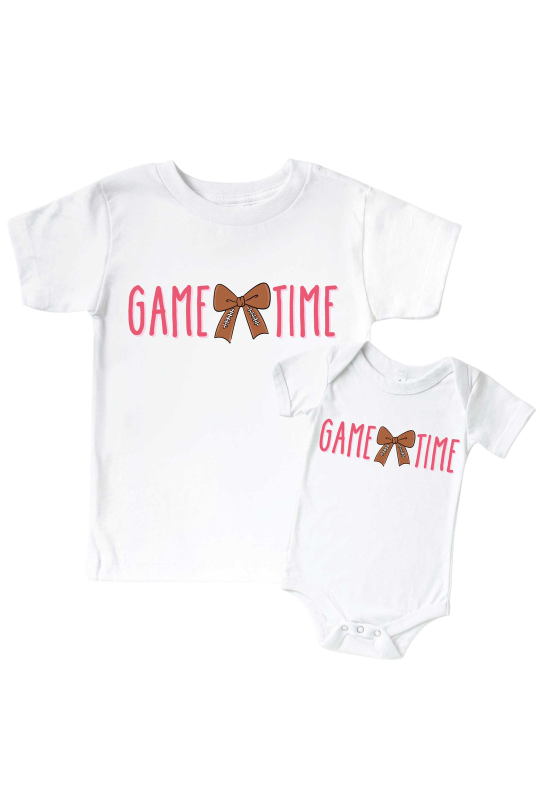Caden Lane Graphic Bodysuit & Kids' Tee, Game Time Pink — matching toddler-and-baby t-shirt set in white, featuring a "Game Time" graphic with a football-patterned bow.