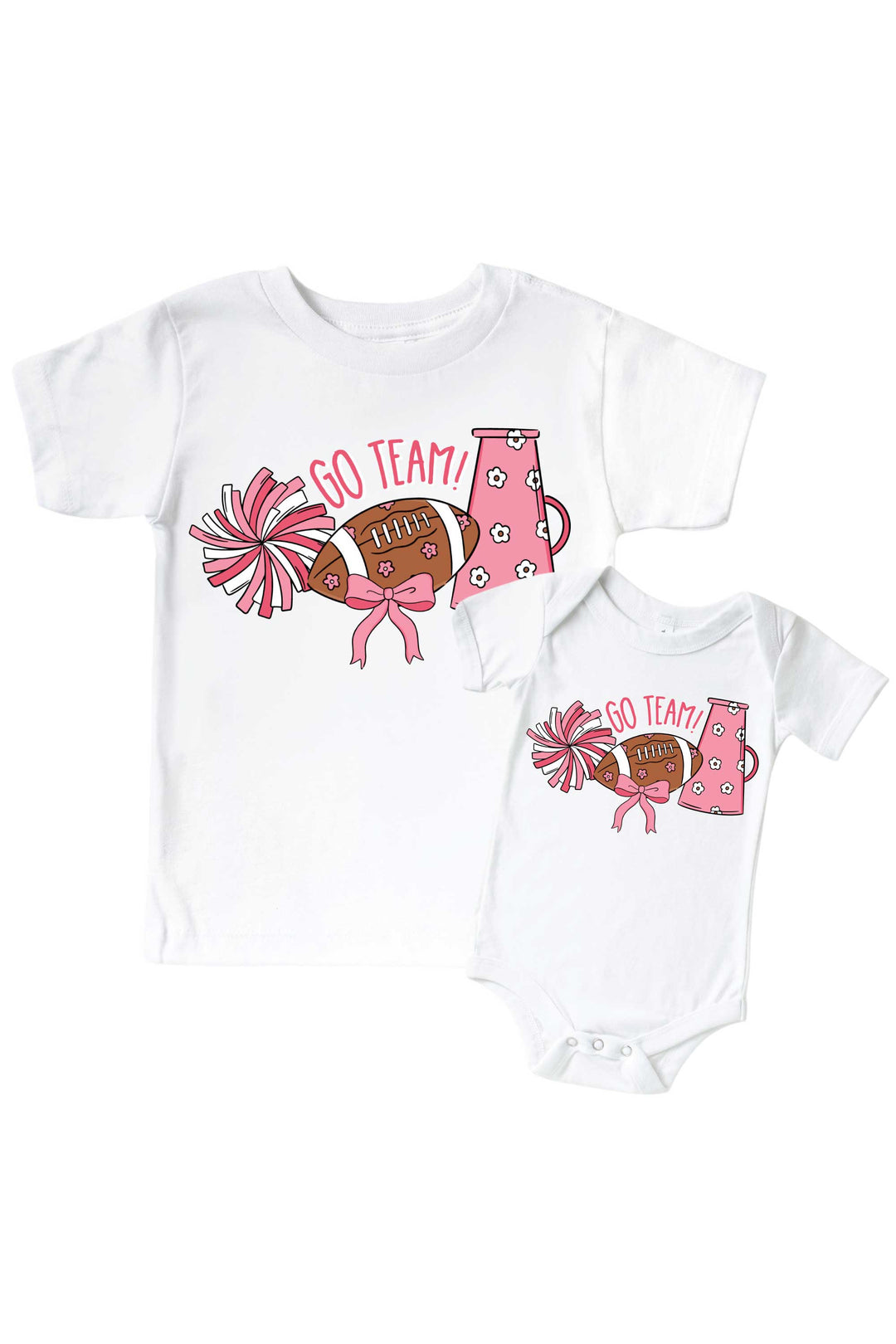 Caden Lane Graphic Bodysuit & Kids' Tee Go Team Pink — matching toddler-and-baby t-shirt set in white, featuring a "Go Team!" cheerleading graphic with pink pom poms, a floral football, and megaphone design.
