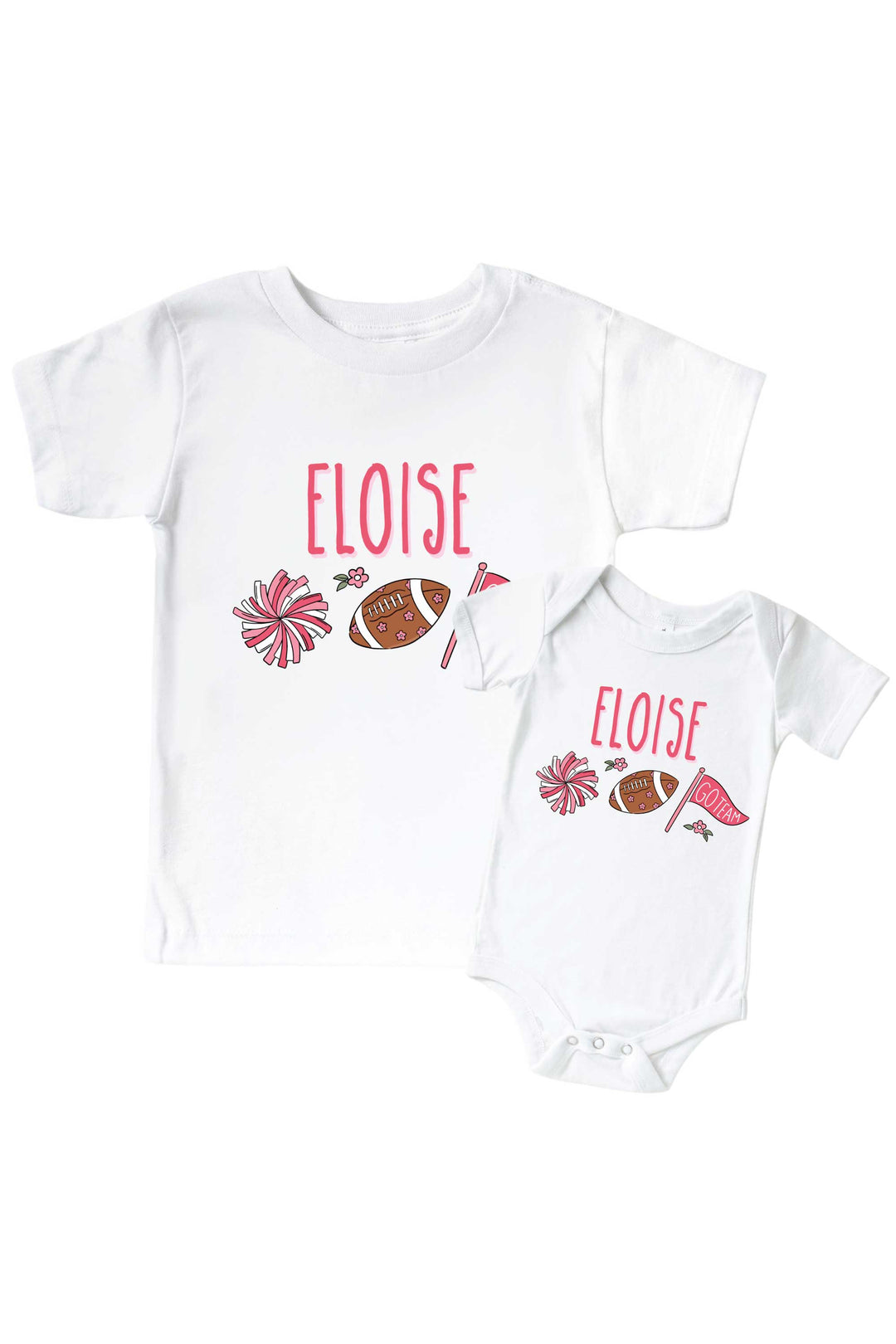 Caden Lane Personalized Graphic Bodysuit & Kids' Tee, Pink — matching toddler-and-baby t-shirt set in white with custom name "Eloise" and a cheerleading graphic featuring a pom pom, floral football, and "Go Team" flag