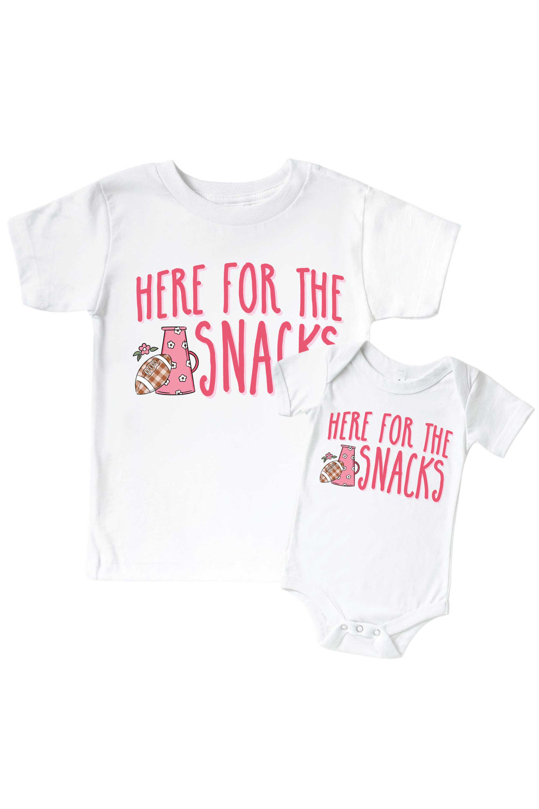Caden Lane Graphic Bodysuit & Kids' Tee | Here for the Snacks Pink — matching toddler-and-baby t-shirt set in white, featuring a "Here for the Snacks" graphic with a floral megaphone and plaid football design