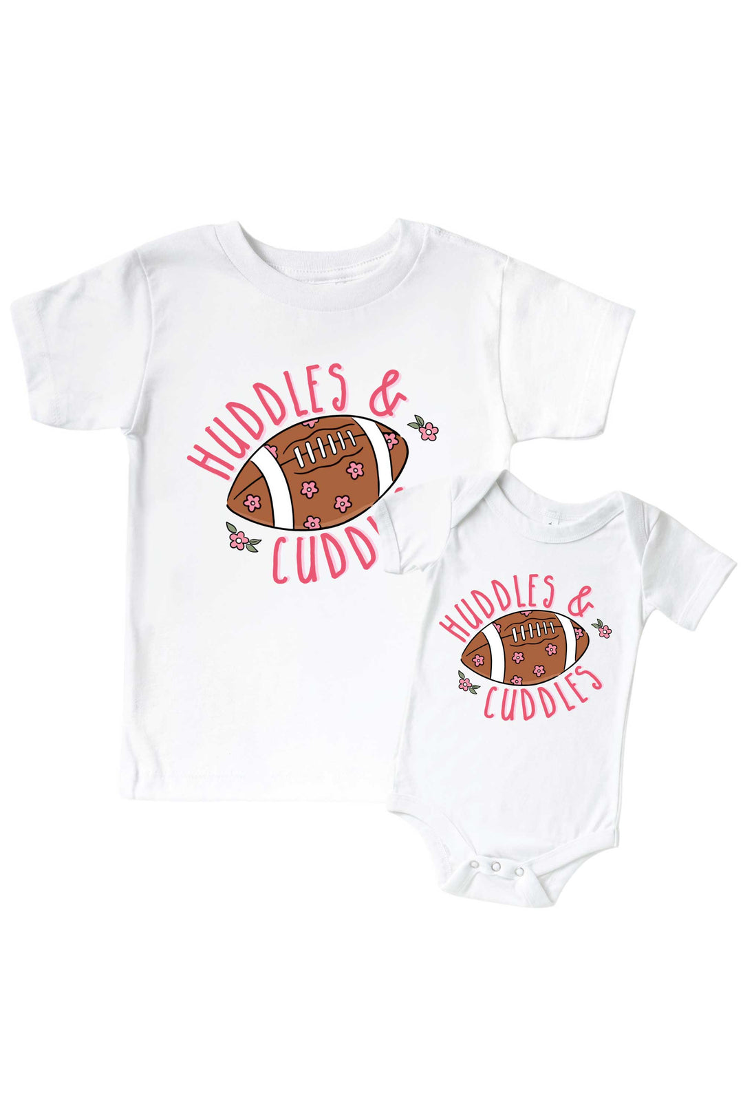 Caden Lane Graphic Bodysuit & Kids' Tee, Huddles & Cuddles Pink — matching toddler-and-baby t-shirt set in white, featuring a "Huddles & Cuddles" graphic with a floral football design