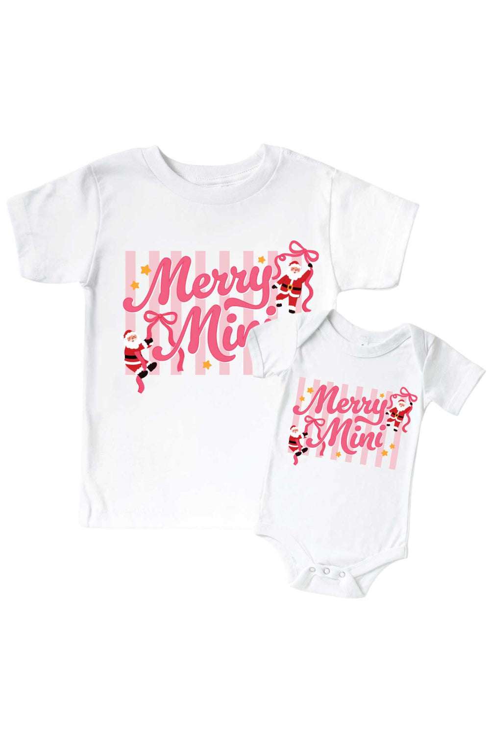 Caden Lane Merry Mini Baby Graphic Bodysuit and Kids' Graphic Tee featuring festive Santa and ribbon bow graphics, designed to coordinate with the Merry Mama tee and Jolly Ribbons Christmas Collection.