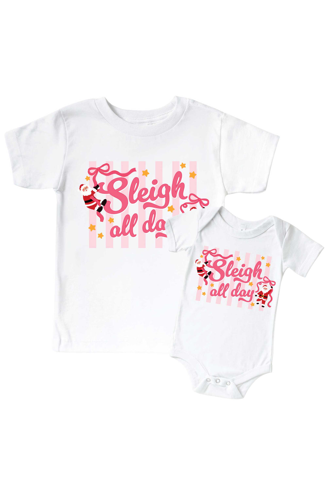 Caden Lane "Sleigh All Day" Christmas graphic tee and baby bodysuit featuring festive Santa, ribbon, and pink striped holiday design, perfect for matching family Christmas pajamas and holiday outfits.