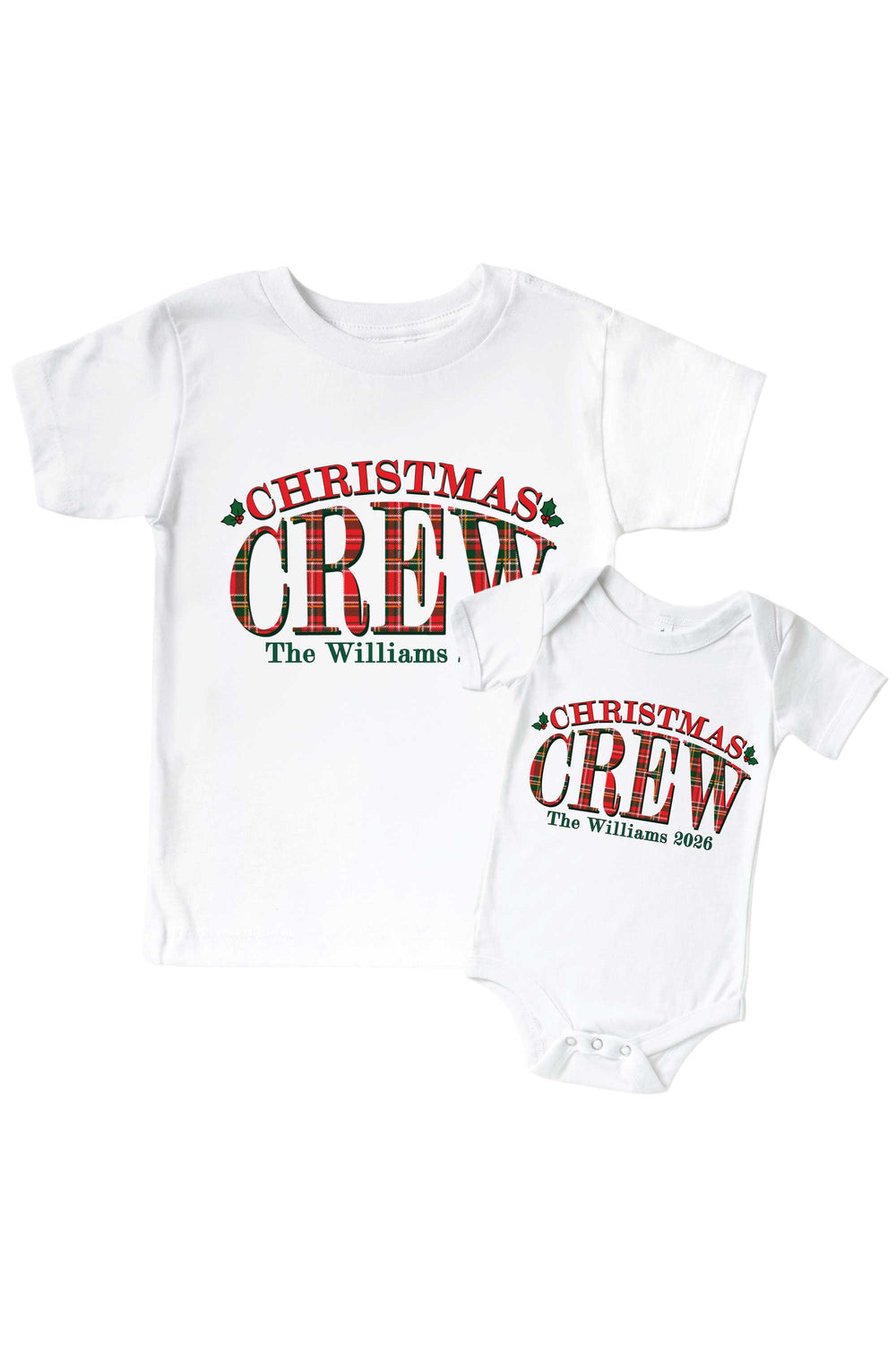 Caden Lane personalized Christmas Crew matching family shirts and baby bodysuit featuring festive red and green plaid lettering with a custom family name and year, perfect for coordinating holiday outfits, family photos, and Christmas celebrations.