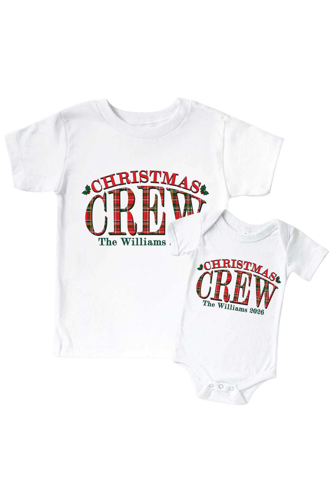 Caden Lane personalized Christmas Crew matching family shirts and baby bodysuit featuring festive red and green plaid lettering with a custom family name and year, perfect for coordinating holiday outfits, family photos, and Christmas celebrations.