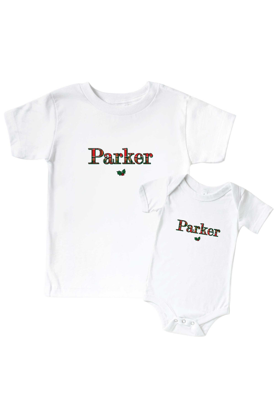 Caden Lane personalized Christmas graphic tee and baby bodysuit set with custom plaid name design, matching holiday family pajamas and festive Christmas outfits for siblings and babies.